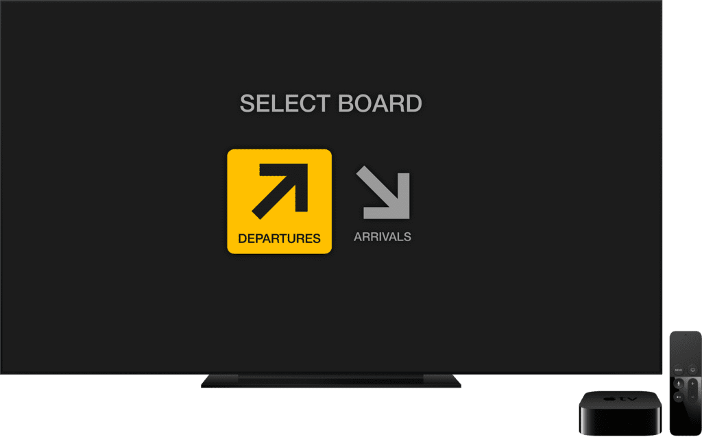 The first page of the Retro Board application on an Apple TV showing a selection screen with two options: 'DEPARTURES' with an upward arrow icon on a yellow background to the left, and 'ARRIVALS' with a downward arrow icon on a dark background to the right. Below the screen is an Apple TV device and remote.