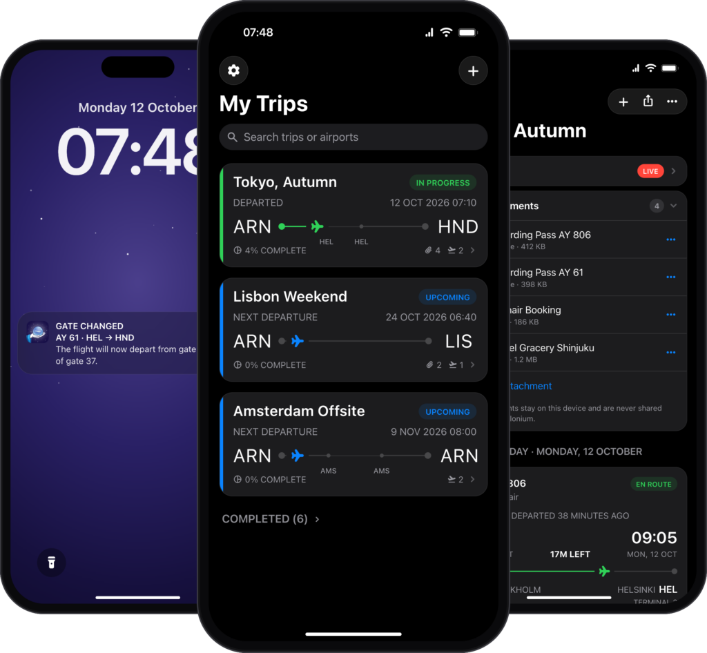 Travelonium on iPhone: a gate change alert, My Trips and trip attachments.